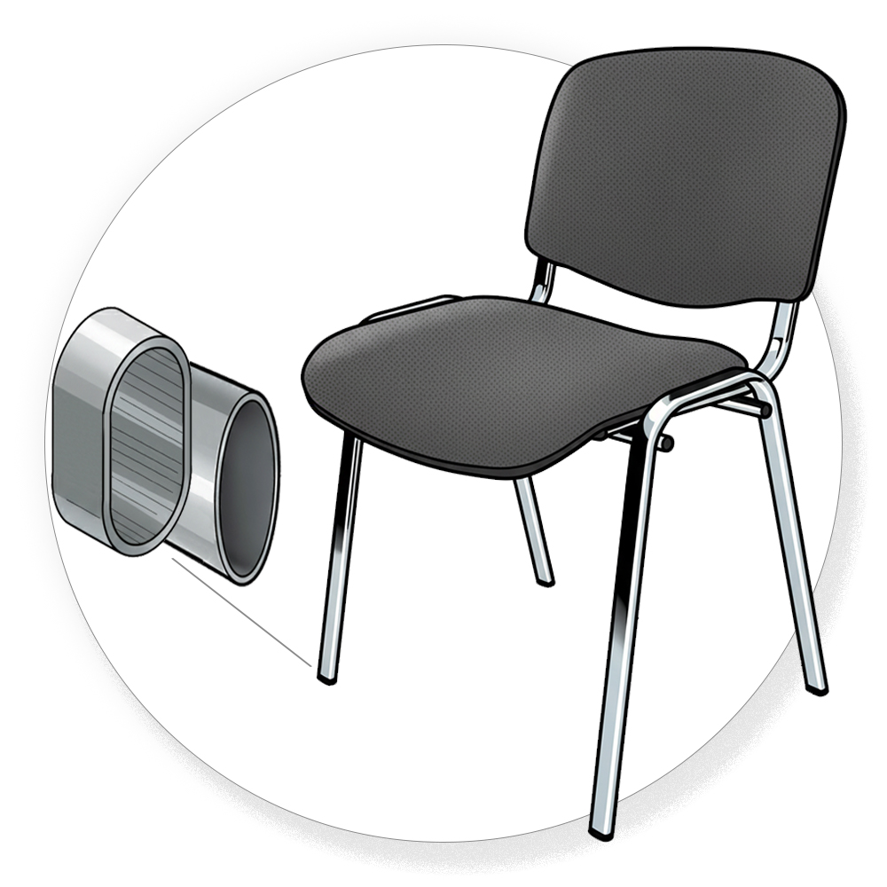 Schräg gestellte Stuhlbeine aus Ovalrohr